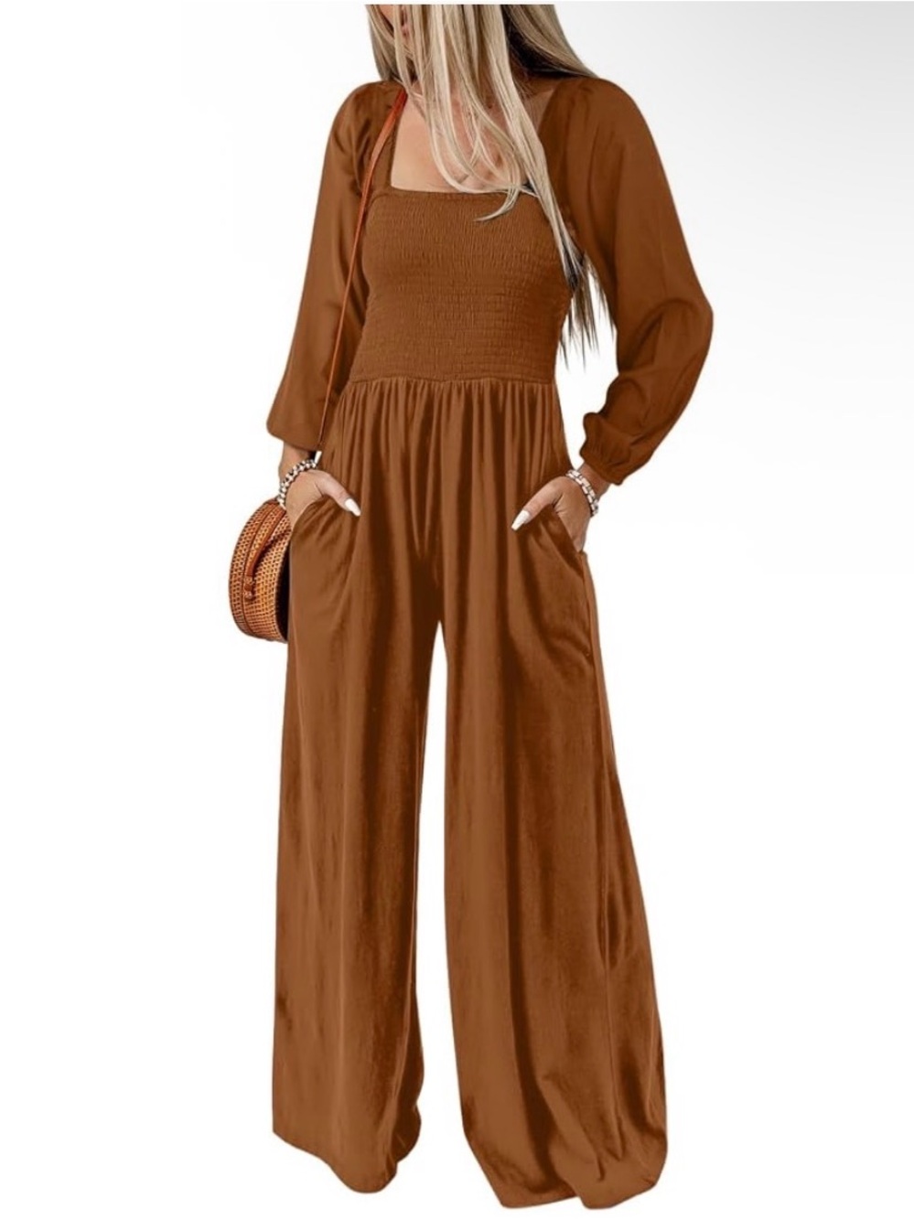 Women's Terracotta Smocked Wide-Leg Jumpsuit Fall Wardrobe Smocked Bodice